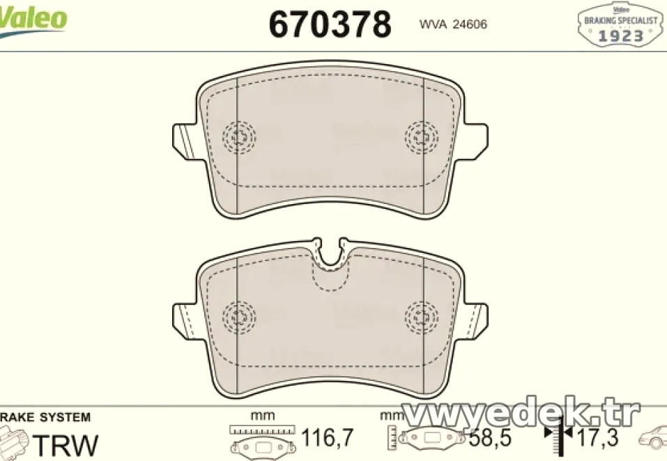 FREN BALATASI ARKA A4 08>15 A5 07> Q5 10>17 Q5 09>12 - Valeo - VALEO 670378